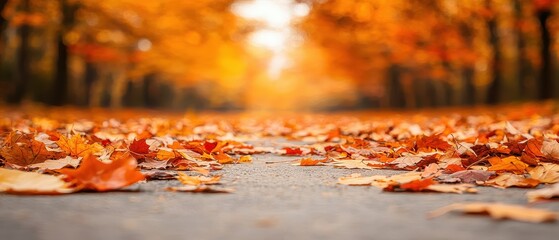 A tranquil autumn forest glowing with vibrant hues of orange, red, and gold. Fallen leaves scatter across a quiet pathway winding through the trees. The soft golden light of an afternoon sun 