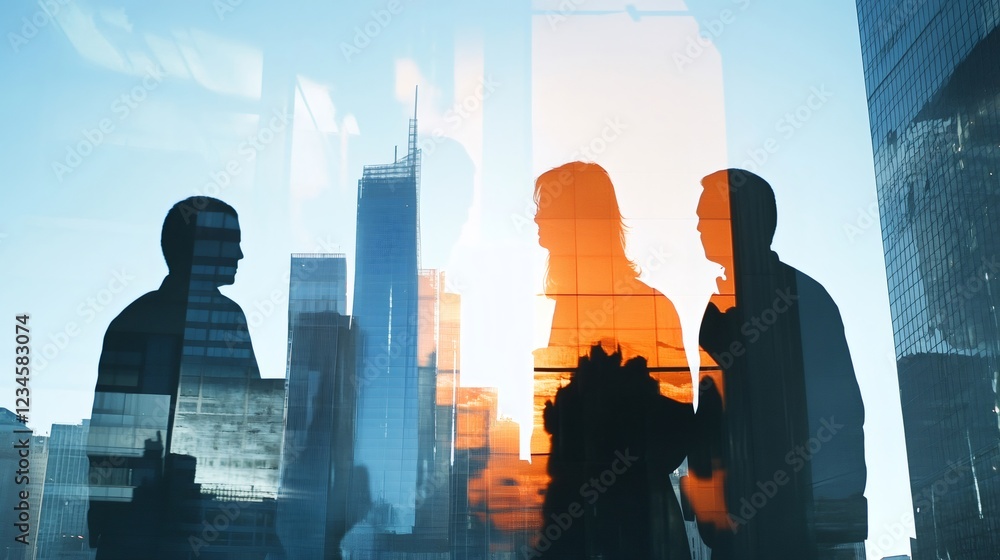 Poster silhouetted business people are having a discussion in a modern office with a stunning cityscape vie