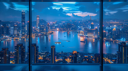 Panoramic Night View of a Vibrant Cityscape by the Harbor..