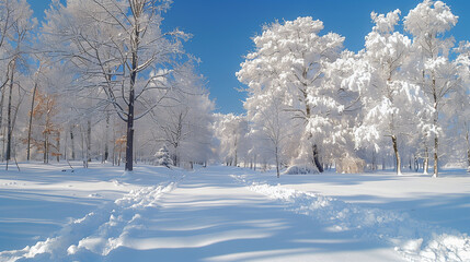 Fototapeta premium Snow-Covered Forest Path on a Bright Winter Day..
