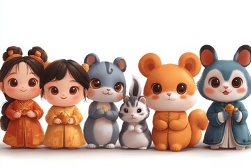 Naklejka premium Cute characters in traditional attire with adorable animals, celebrating culture.