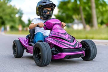 Excited Child Riding a Purple Go-Kart on a Sunny Day in a Park Environment