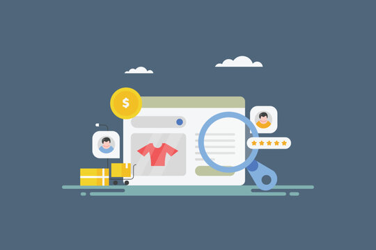 eCommerce sales strategy with paid advertising and organic content marketing campaign, increase sales order and customer experience enhancement.  Vector illustration banner.