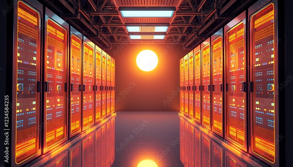 Poster illuminated server racks in modern data center corridor