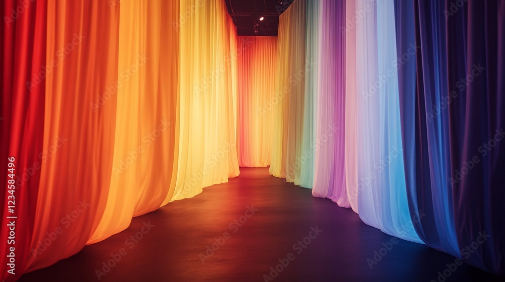 Poster rainbow fabric curtain display creating a colorful tunnel effect for creative use
