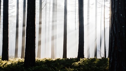 Beautiful rays of sunlight in a green forest
