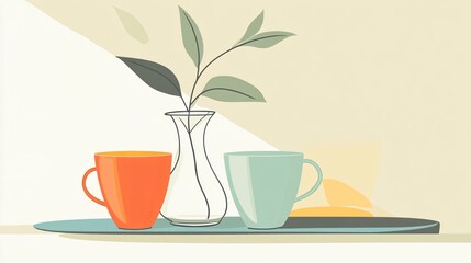Image of Elegant Glass Vase and Colorful Cups with Tea or Coffee