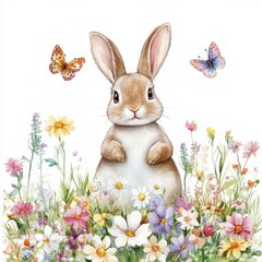 Cute bunny stands among vibrant wildflowers while colorful butterflies flutter in a bright spring meadow
