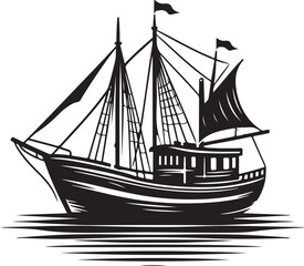 ship boat silhouette victor style image with white and block background.