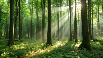 Beautiful rays of sunlight in a green forest
