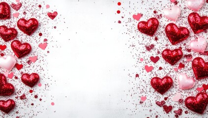 Sparkling hearts and glitter create a festive atmosphere for romantic celebrations on a white background during special occasions