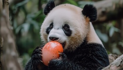 Fototapeta premium Adorable Panda Holding Bright Orange Ball in Natural Habitat