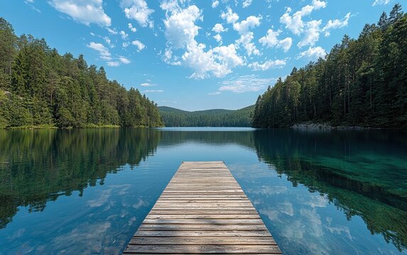 A tranquil summer lake surrounded by rolling green hills, with a wooden dock extending into the calm, reflective water. The bright blue sky and fluffy clouds above are mirrored on the surface, 