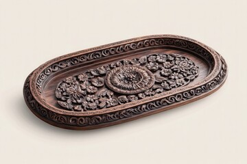 Hand-carved wooden serving tray with intricate detailing, isolated on a pale beige background.