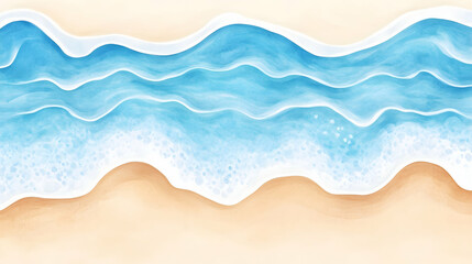 Fototapeta premium Aerial view of ocean waves lapping sandy beach; summer vacation background