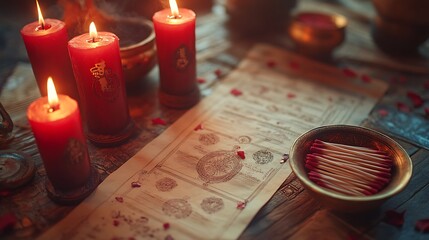 Fototapeta premium Burning Candles, Incense Sticks and Chinese Hieroglyphs