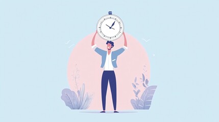 Fototapeta premium Confident Businessman Overcomes Time Constraints, Symbolized by Oversized Alarm Clock