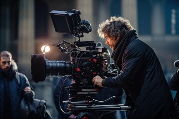 Professional cameraman capturing a city street scene with a digital cinema camera and large lens, with blurred pedestrians in the background