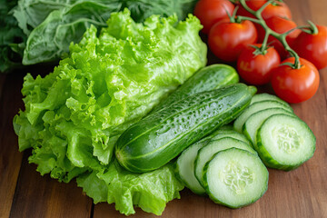 Fresh Vegetables with Lettuce, Cucumber, and Cherry Tomatoes on Rustic Wooden Background