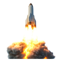 PNG Rocket Ship Blasting Off into Space, Leaving a Trail of Smoke and Fire Against Transparent Background for Space Exploration, Science, or Technology-Themed Projects