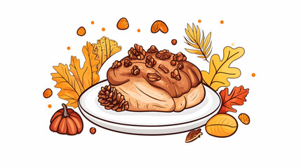 Autumnal pecan bread on plate, fall leaves background, Thanksgiving food illustration, recipe website