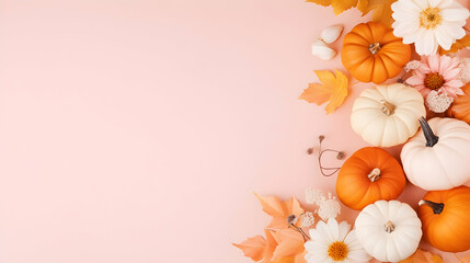 Obraz premium Autumnal pumpkins and flowers on pink background; fall harvest celebration; copy space