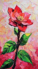 Vibrant red flower with green leaves on a colorful background showcasing detailed brush strokes and artistic texture