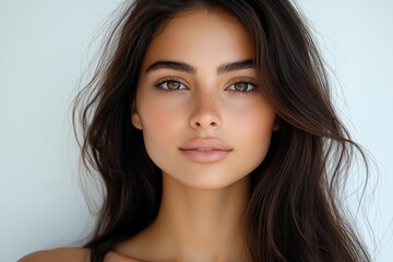 Naklejka premium Portrait of a young woman with long hair and stunning eyes captured in a soft light setting