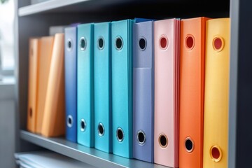 Organized binders neatly arranged on a shelf in a modern office space during daylight