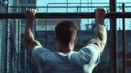 Naklejka premium A muscular man's back is seen leaning against a chain-link fence, his arms outstretched, looking contemplatively upward against a clear blue sky.