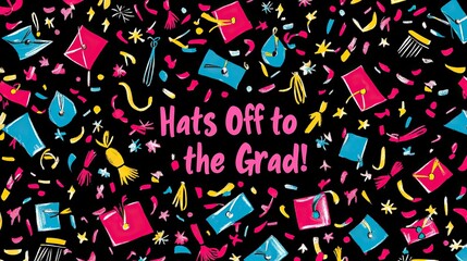 Graduation Celebration Colorful hats, confetti, and diplomas against a black background.  Perfect for cards or social media
