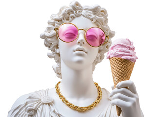 Antique statue of a woman greek goddess, with round circle small hipster pink sunglasses, with a gold jewelry made of white marble hyper realistic with a cone with pink ice cream