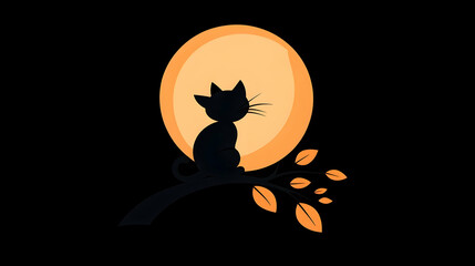 Black cat silhouette on branch, autumn leaves, full moon background; Halloween design