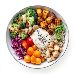 A vegetarian Buddha bowl with quinoa, roasted vegetables, and avocado
