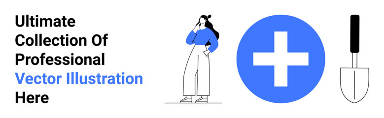 Woman in casual clothes thinking, a blue plus sign, and a garden trowel. Ideal for decision-making, self-reflection, growth, medical, tools gardening and problem-solving concepts. Flat landing page