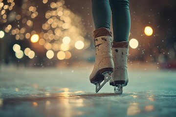 Close-up of ice skates on a snowy ice rink at night.