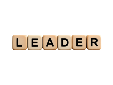 Wooden letter blocks spelling _LEADER_ hand placing final _R_ block