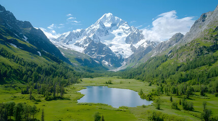 Fototapeta premium Majestic snow-capped mountain, serene lake, lush valley, summer landscape, travel poster