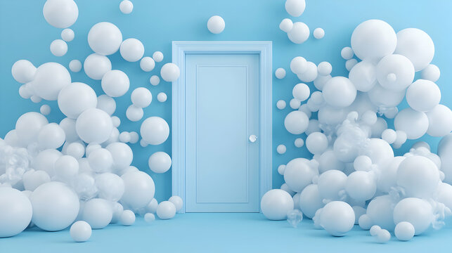 Blue door surrounded by floating spheres; opportunity concept; pastel background; for website banners