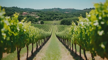 Obraz premium Vineyard rows in countryside with green grass and trees leading towards a house