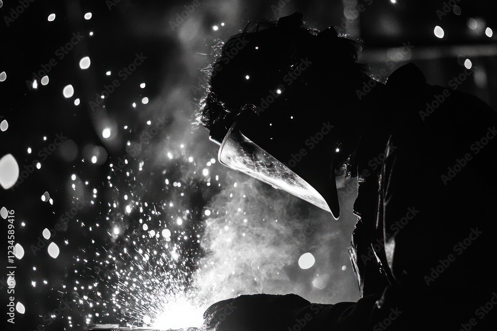 Poster silhouette of a welder creating sparks in workshop