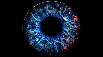 Vivid close-up of blue iris with intricate patterns against a dark background