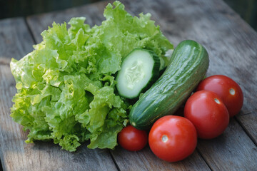 Fresh Vegetables with Lettuce, Cucumber, and Cherry Tomatoes on Rustic Wooden Background