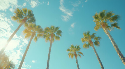 Fototapeta premium Tall palm trees against a clear blue sky on a sunny day