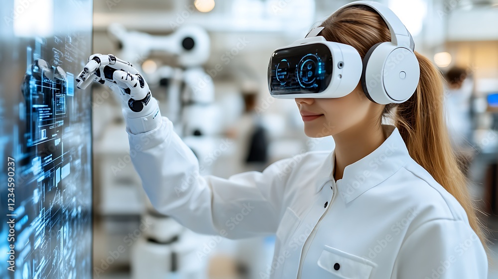 Poster woman with vr headset and robot hand interacting with a holographic display in a lab