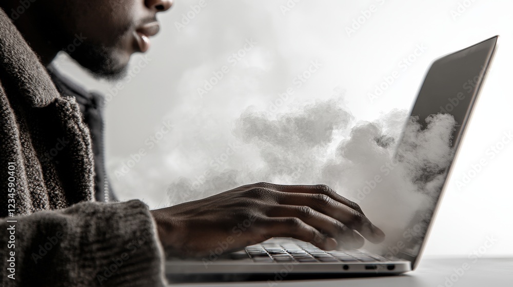 Poster hands of a young man typing on a laptop with a creative cloud of mist in a modern workspace setting