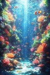 Obraz premium Vibrant Coral Reef Scene With Colorful Fish Swimming