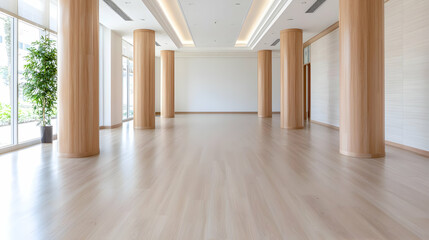 Fototapeta premium Empty modern hall with wooden columns, large windows, and light flooring, ideal for events