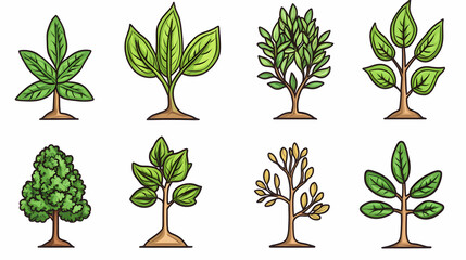 Cartoon tree illustrations; various growth stages; white background; for educational use