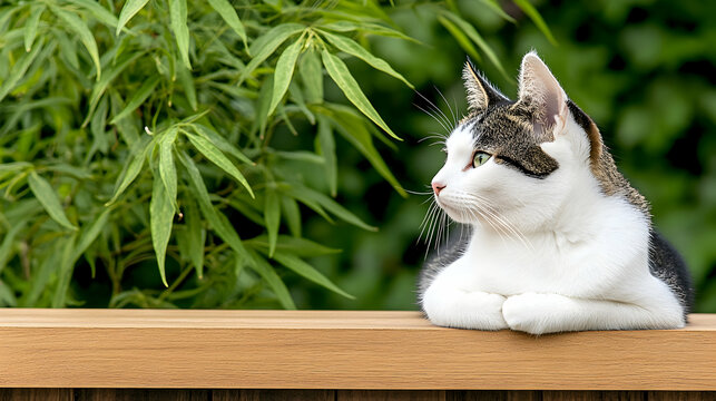 Cat resting on wooden fence, gazing into garden, green bamboo backdrop, pet portrait for websites